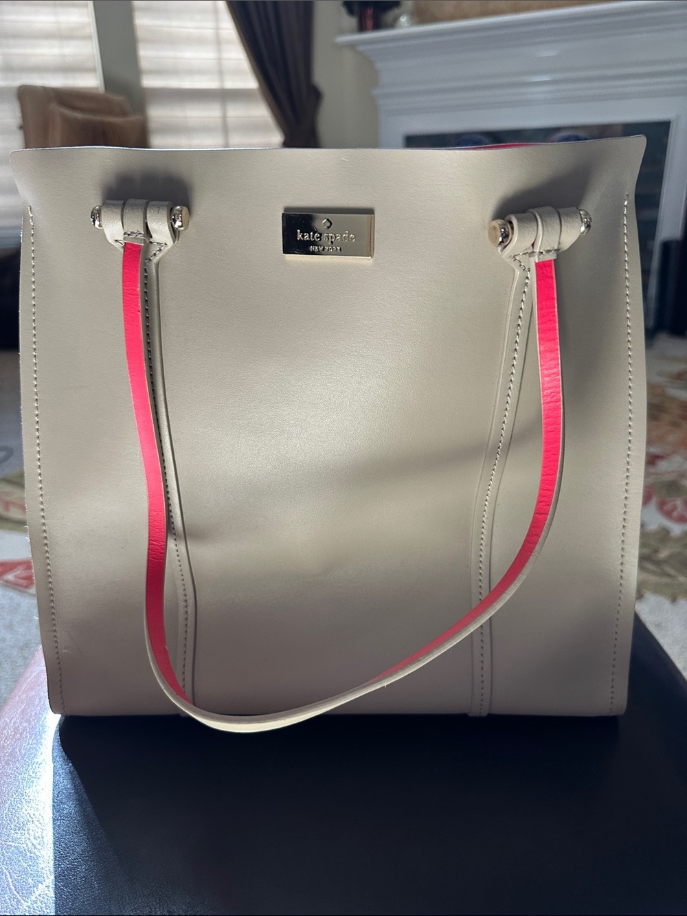 kate spade New York Cream Leather Tote with Pink-Trim Straps